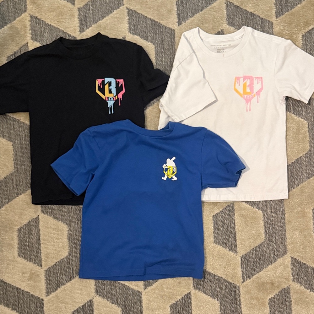 Baseball 101 Kids Graphic T-Shirts - Black, White, and Blue youth small